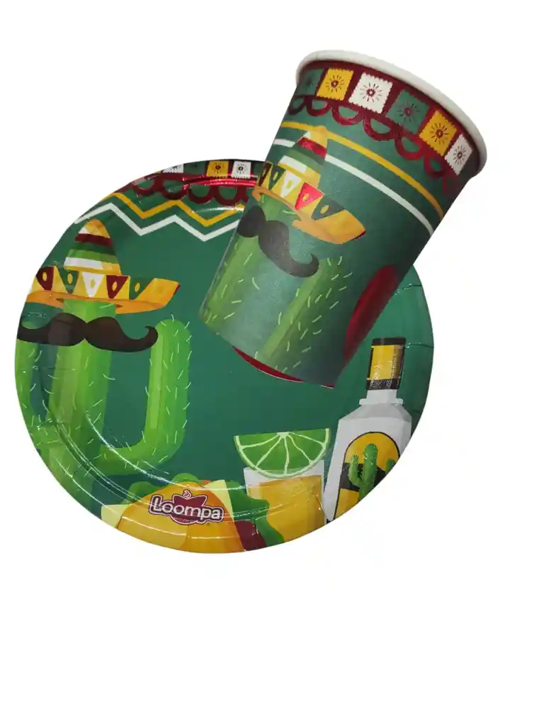 10 Platos Torta10 Vasos Desechables Fiesta Mexicana Cactus