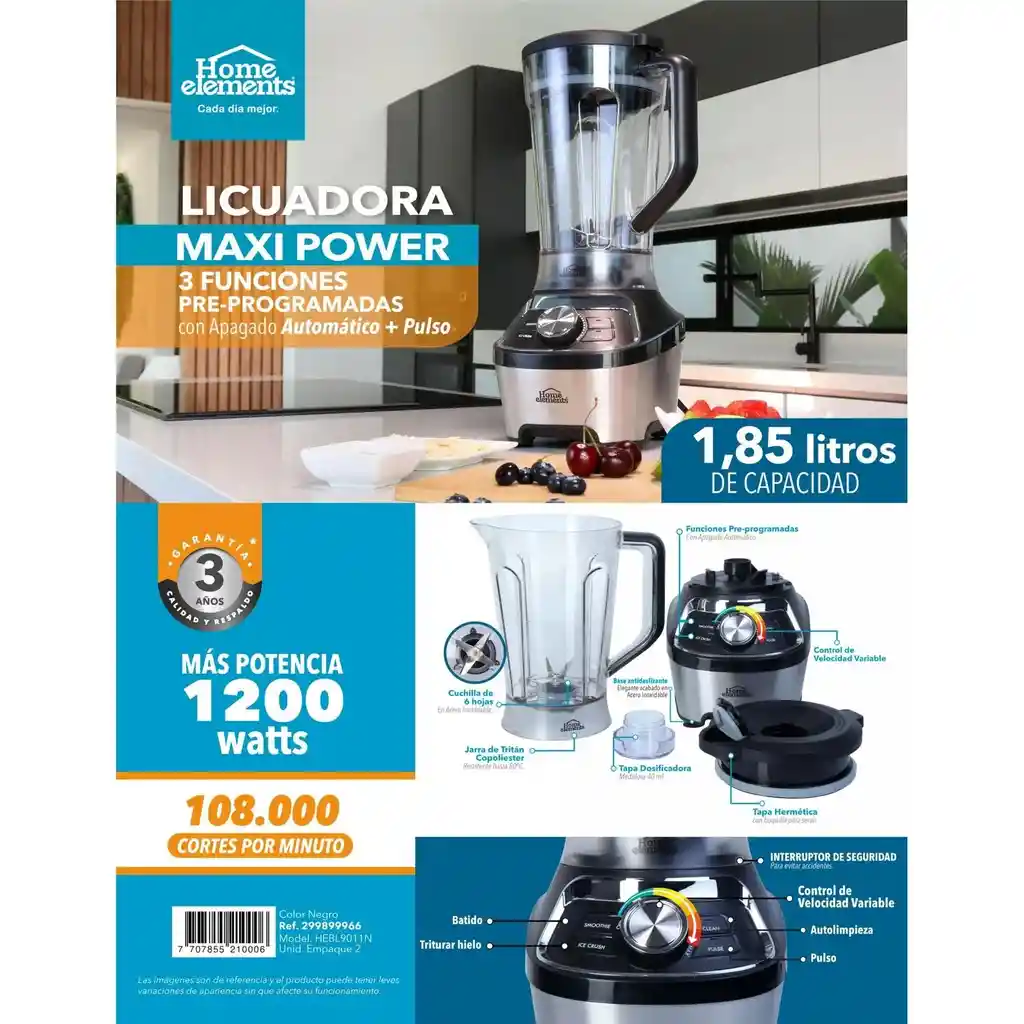 Licuadora Maxi Power 1,85 Litros Home Elements 1200 Watts