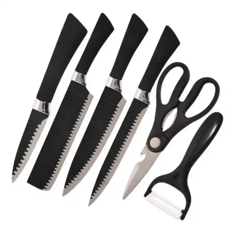 Juego Kit Set Cuchillos Todo En Uno 6 Piezas Profesionales Color Negro