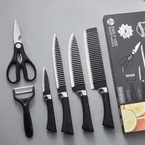 Juego Kit Set Cuchillos Todo En Uno 6 Piezas Profesionales Color Negro