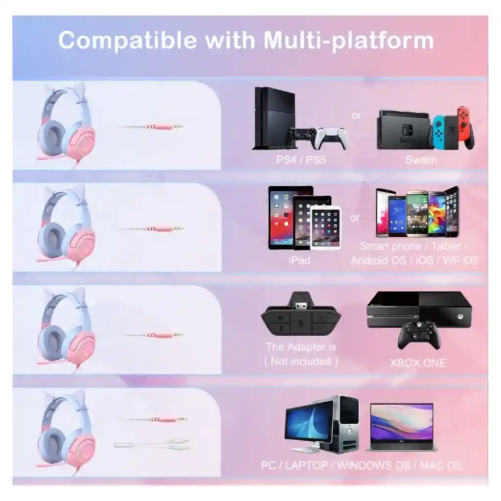 Diadema Auricular Gamer Gato K9 Azul Rosa + Base Onikuma