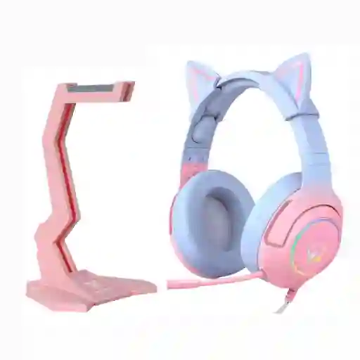 Diadema Auricular Gamer Gato K9 Azul Rosa + Base Grande Onikuma