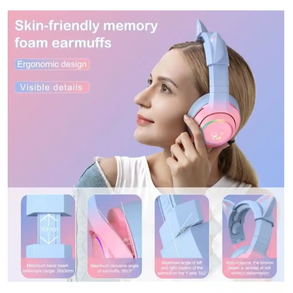 Diadema Auricular Gamer Gato K9 Azul Rosa + Base Grande Onikuma