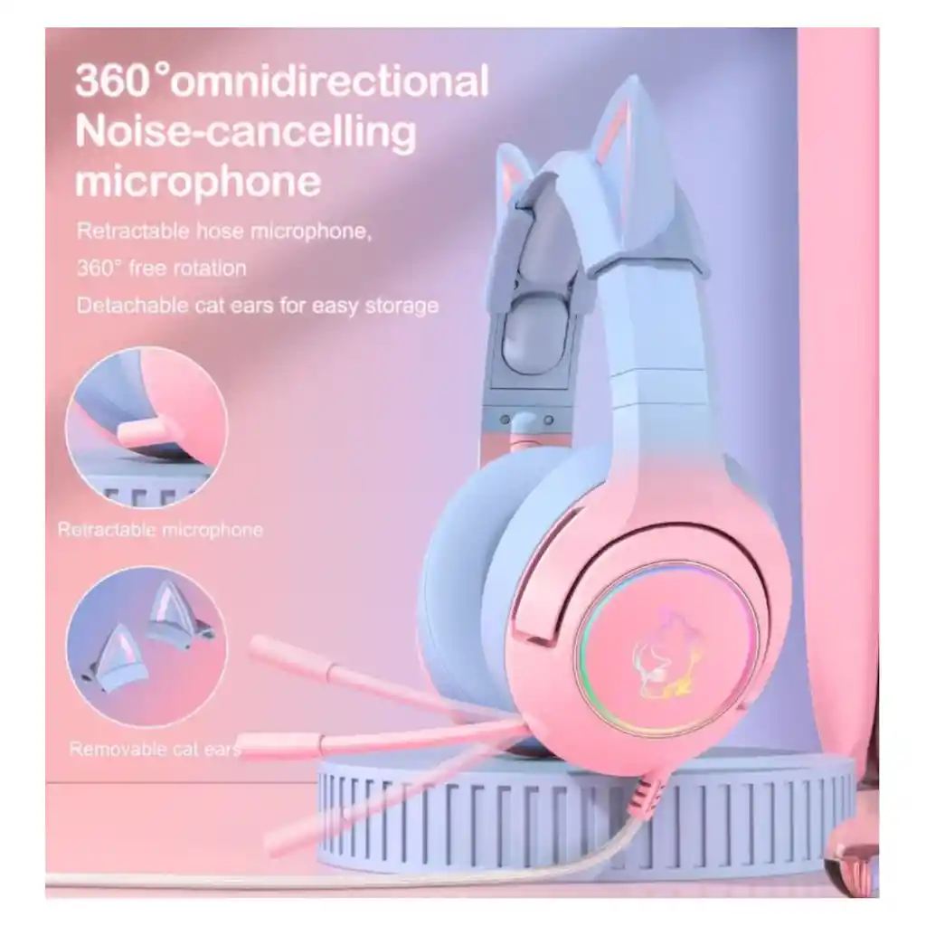 Diadema Auricular Gamer Gato K9 Azul Rosa + Base Grande Onikuma