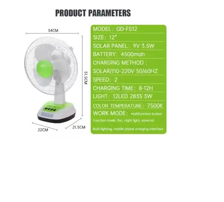 Ventilador Solar Recargable Panel 2 Bombillos Carga Celular Gd-7s12-s
