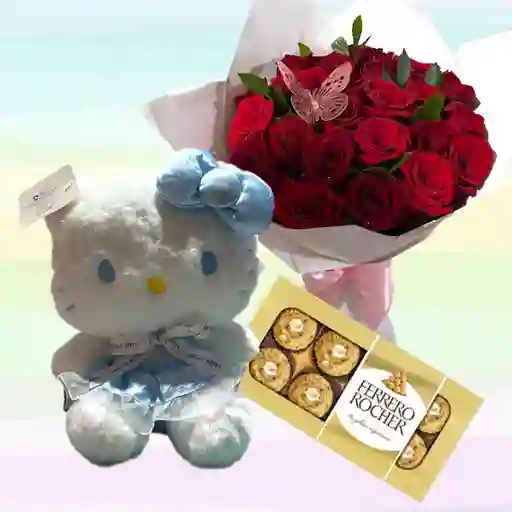 Flores Rosas X24 Y Hello Kitty Pequeña, Vestido Azul