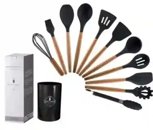 Utensilios De Cocina En Silicona X12 Unidades Negro Cucharones De Cocina