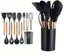 Utensilios De Cocina En Silicona X12 Unidades Negro Cucharones De Cocina