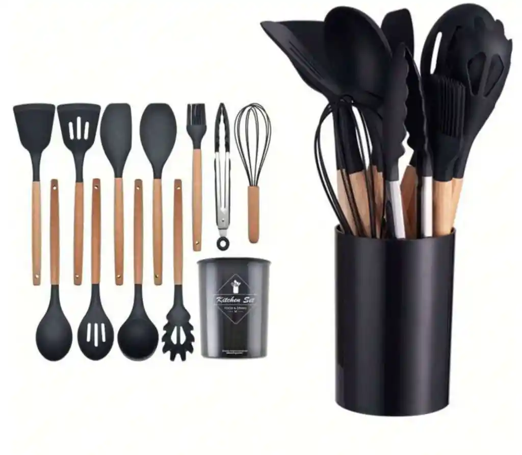 Utensilios De Cocina En Silicona X12 Unidades Negro Cucharones De Cocina