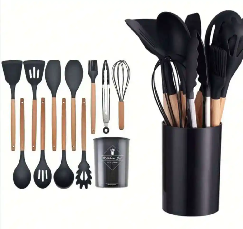 Utensilios De Cocina En Silicona X12 Unidades Negro Cucharones De Cocina