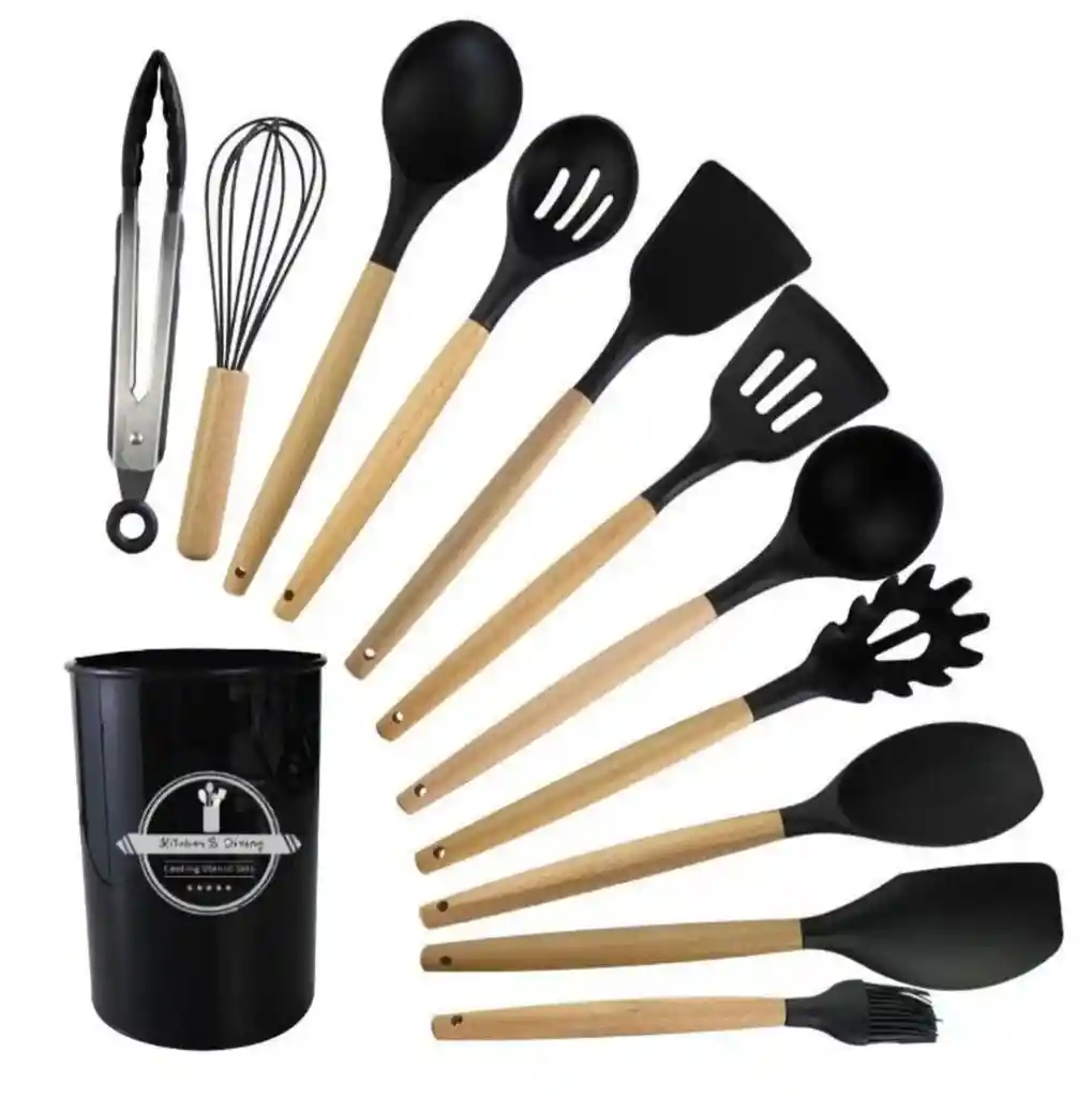 Utensilios De Cocina En Silicona X12 Unidades Negro Cucharones De Cocina