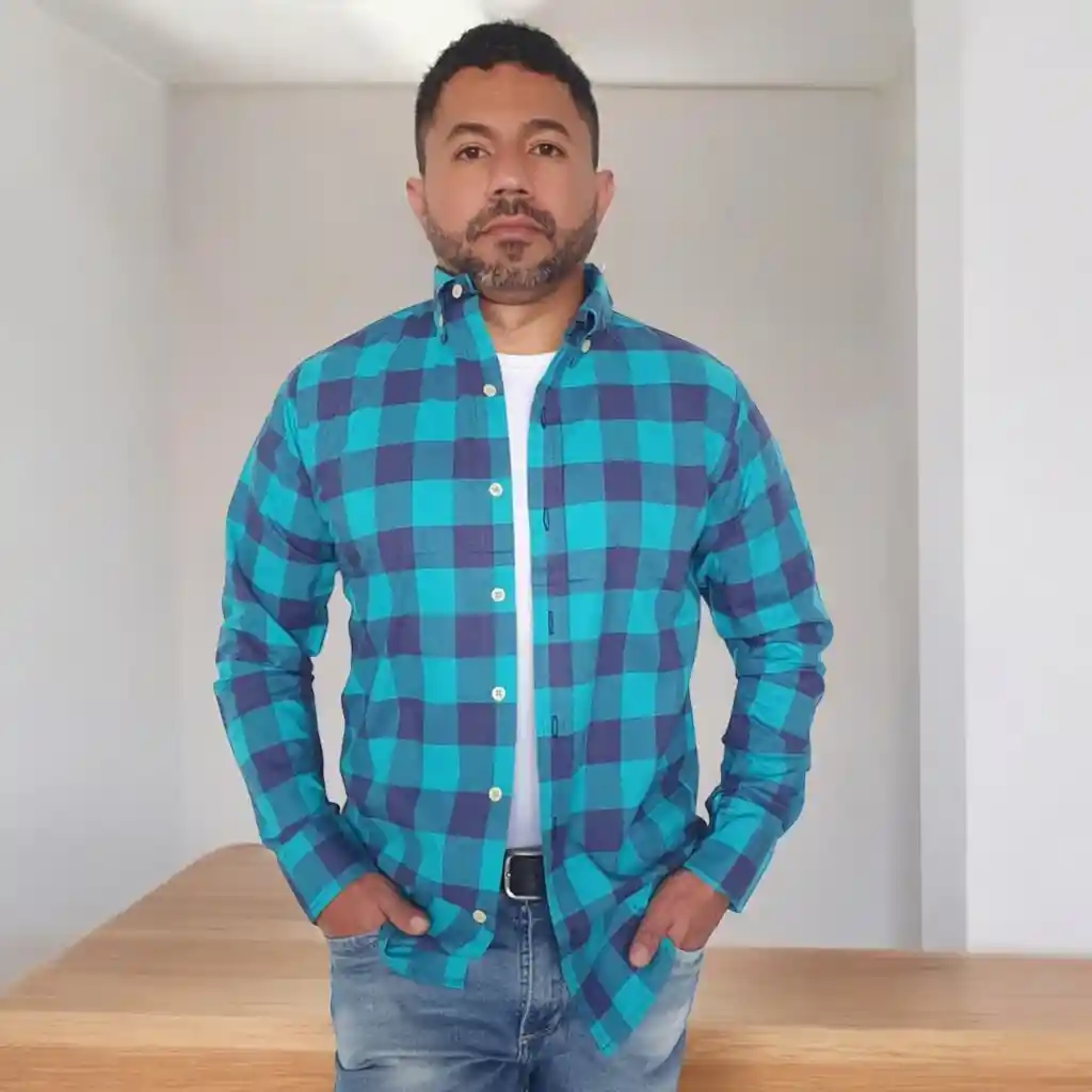 Camisa Para Hombre En Algodón Manga Larga Cuadros Azul Turquesa Talla M