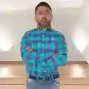 Camisa Para Hombre En Algodón Manga Larga Cuadros Azul Turquesa Talla L