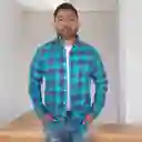Camisa Para Hombre En Algodón Manga Larga Cuadros Azul Turquesa Talla L