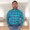 Camisa Para Hombre En Algodón Manga Larga Cuadros Azul Turquesa Talla L