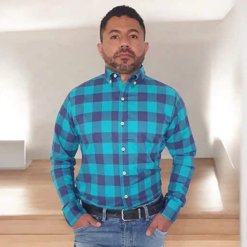 Camisa Para Hombre En Algodón Manga Larga Cuadros Azul Turquesa Talla L