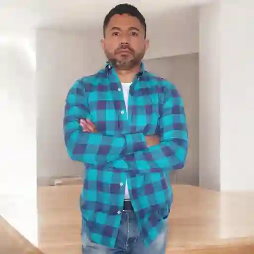 Camisa Para Hombre En Algodón Manga Larga Cuadros Azul Turquesa Talla L