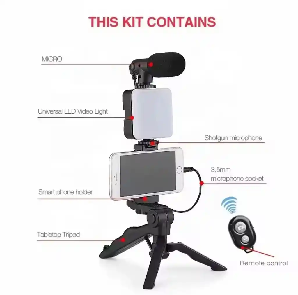 Kit Estabilizador Soporte Celular Luz Led Vlog Video Ay49 Color Negro