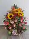 Ramo En Canasta Mimbre Con Rosas Girasoles Y Frutas