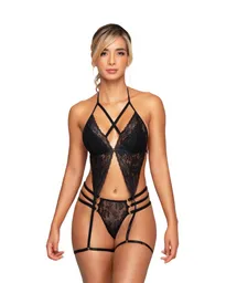 Body En Encaje Tiras Con Liguero Negro