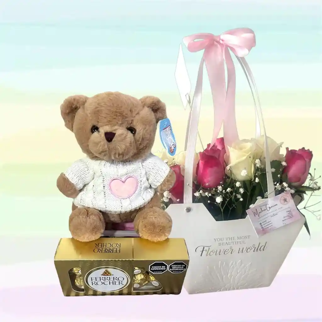 Flores Rosas Arreglo Especial Caja X24 Y Peluche Oso Café Pequeño