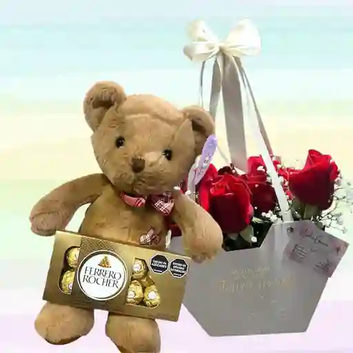 Flores Rosas Caja X24 Y Peluche Oso Café Mediano