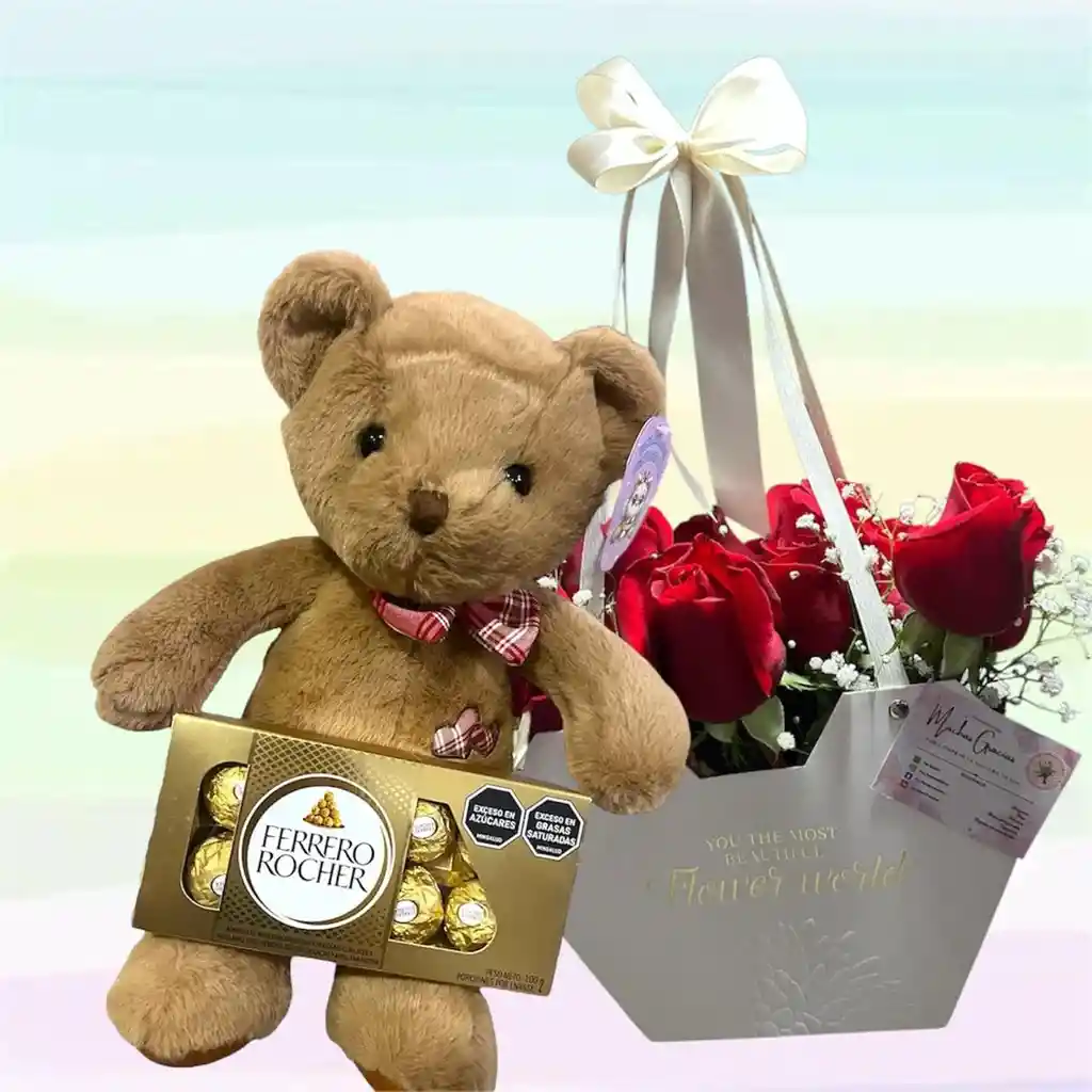 Flores Rosas Caja X24 Y Peluche Oso Café Mediano
