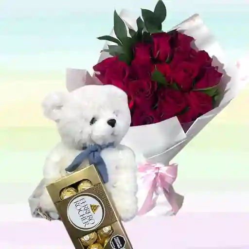Flores Rosas Caja X24 Y Peluche Oso Blanco Pequeño