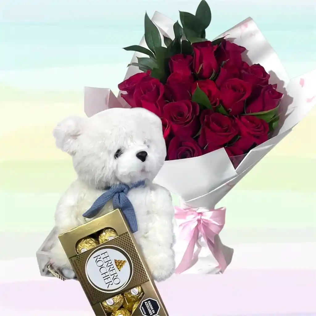 Flores Rosas Caja X24 Y Peluche Oso Blanco Pequeño