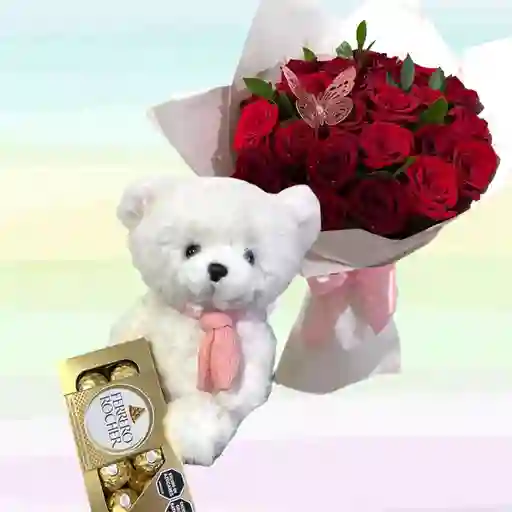 Flores Rosas Caja X24 Y Peluche Oso Blanco Pequeño Rosa