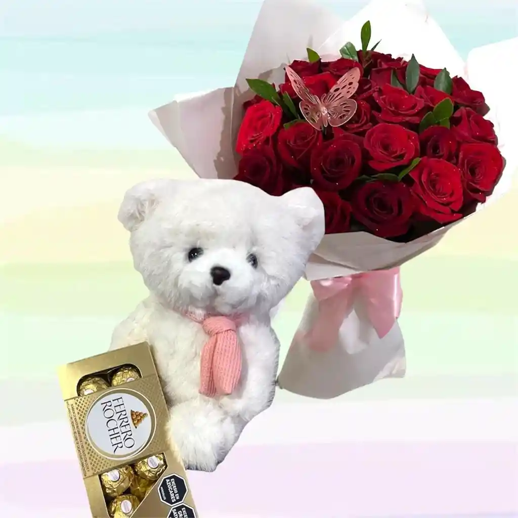 Flores Rosas Caja X24 Y Peluche Oso Blanco Pequeño Rosa