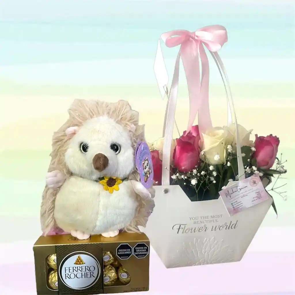 Flores Rosas Caja X24 Y Peluche Puercoespín Pequeño