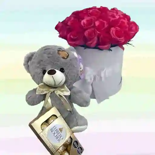 Flores Rosas Caja X24 Y Peluche Oso Gris Pequeño