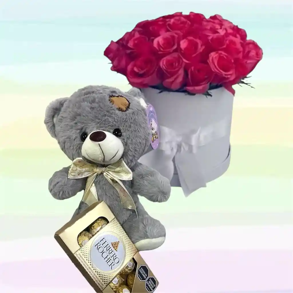 Flores Rosas Caja X24 Y Peluche Oso Gris Pequeño