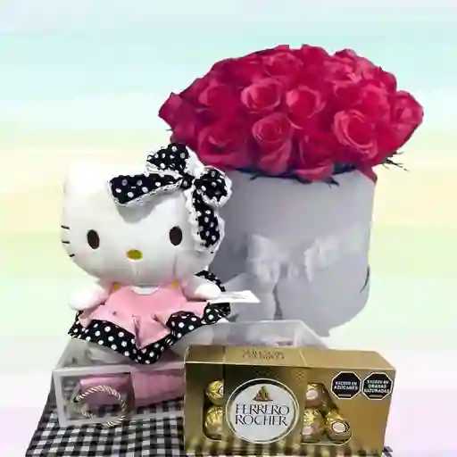 Flores Rosas Caja X24 Y Peluche Hello Kitty Pequeña
