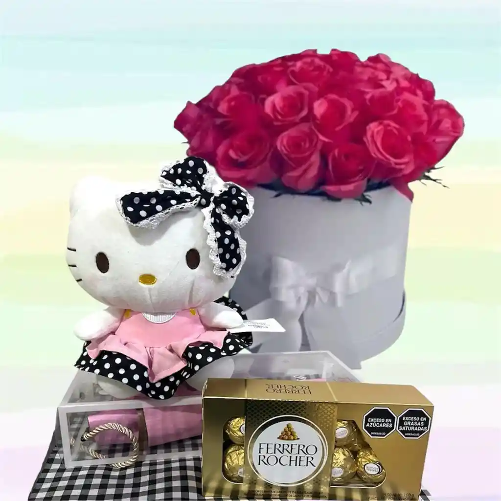 Flores Rosas Caja X24 Y Peluche Hello Kitty Pequeña