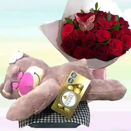 Flores Rosas Caja X24 Y Peluche Lotso Grande Con Cobija