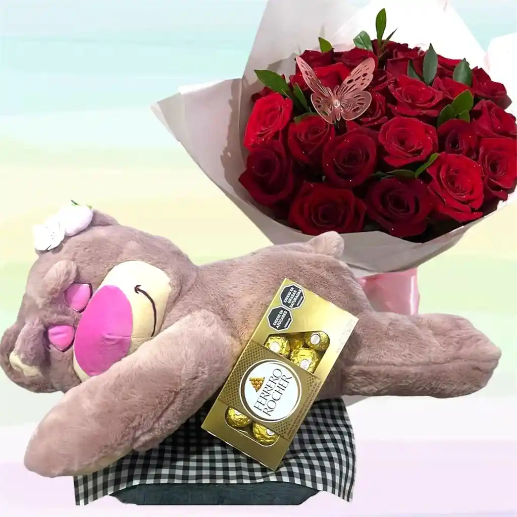 Flores Rosas Caja X24 Y Peluche Lotso Grande Con Cobija