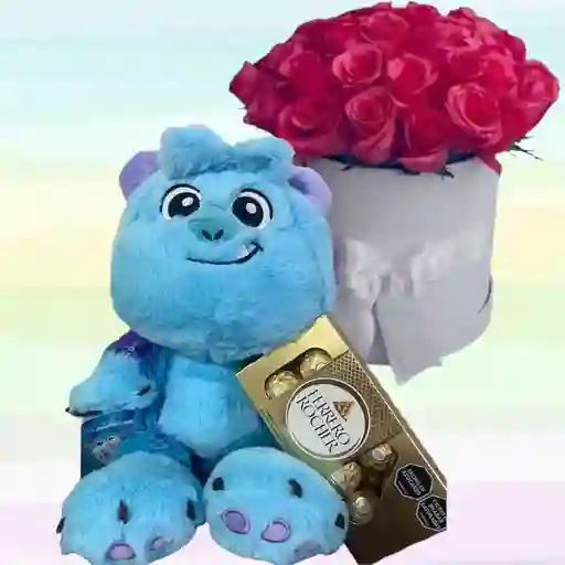Flores Rosas Caja X24 Y Peluche Sullivan Mediano