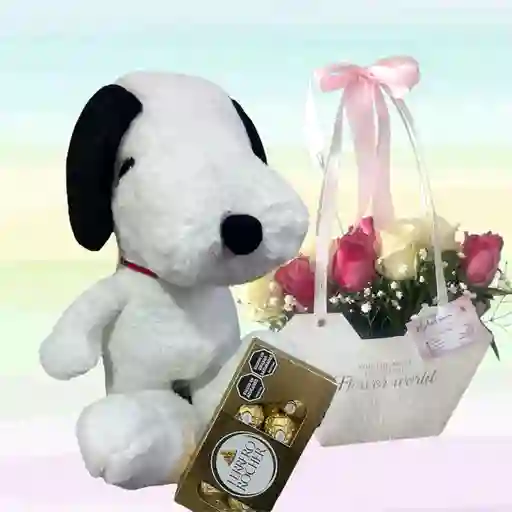 Flores Rosas Caja X24 Y Peluche Snoopy Grande