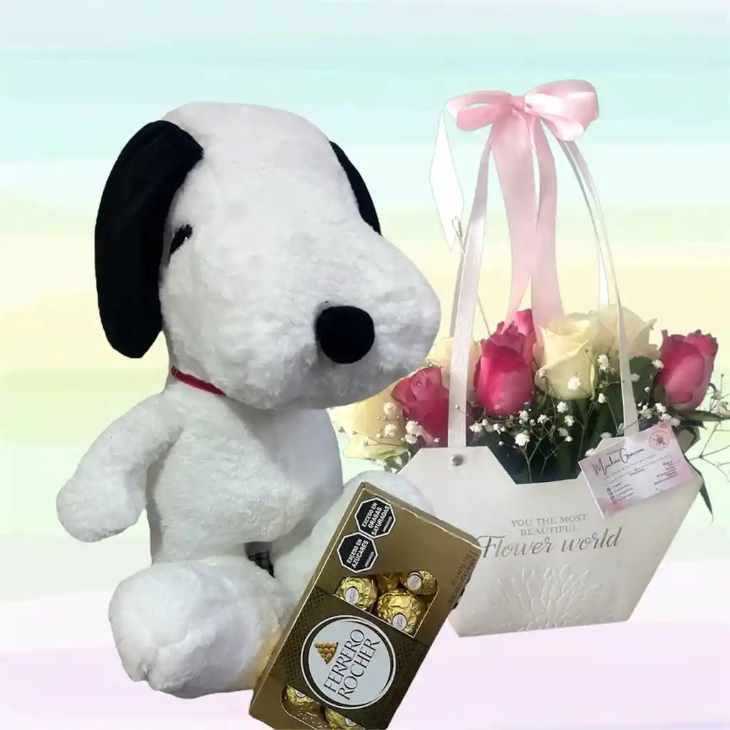 Flores Rosas Caja X24 Y Peluche Snoopy Grande