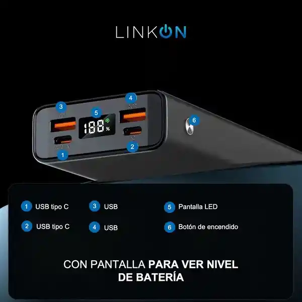 Batería Externa Power Bank 20000 Mah 74w Linkon Carga Rápida