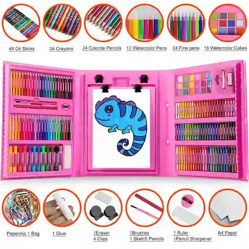 Set Kit Arte Niños Maleta 208 Piezas Crayon Acuarela Plumon