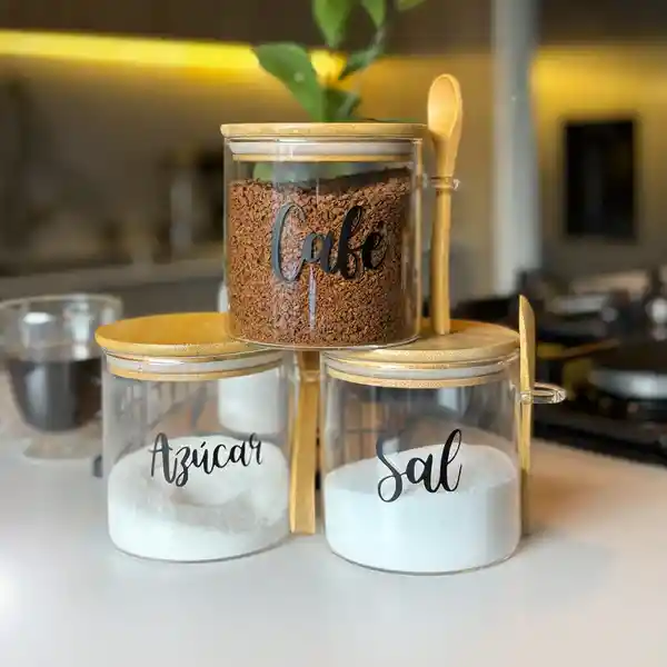 Kit X3 Recipientes Vidrio Y Bambú 850ml