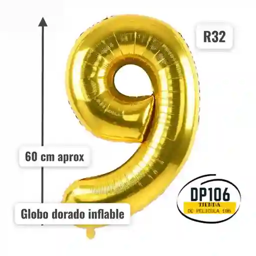 Globo De Numero Dorado # 9 Tamaño R32