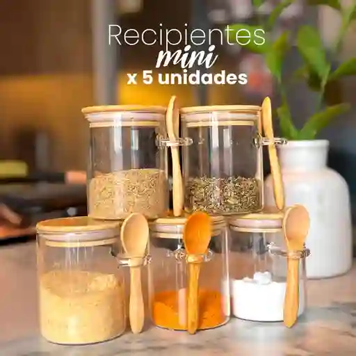 Kit X5 Recipientes Minis Vidrio Y Bambú 210 Ml