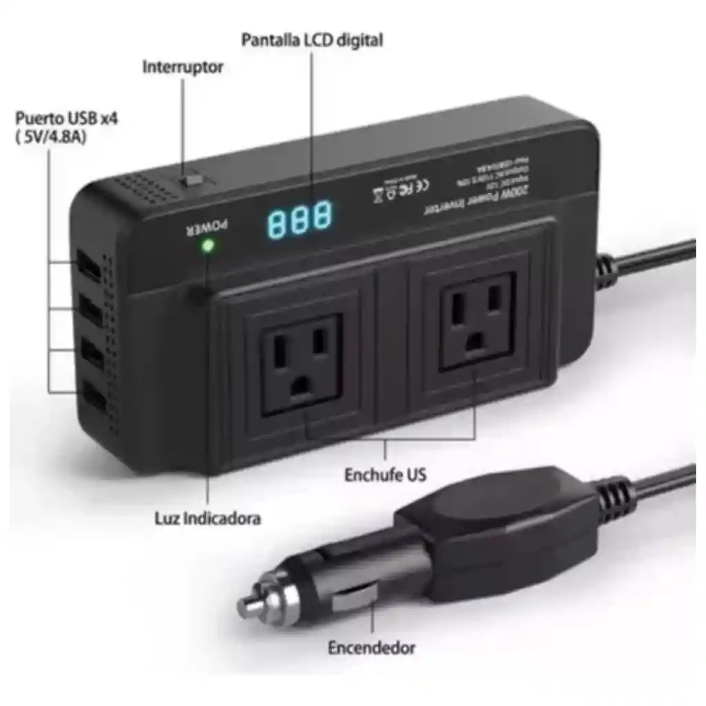Inversor Portátil Multitoma Para Carro Usb Automovil 200w