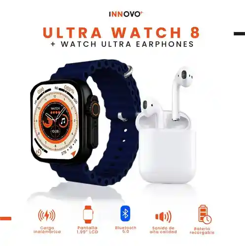 Smart Watch Serie 8 Max Con Audífono Mega Bass 2 Pulsos Azul Negro