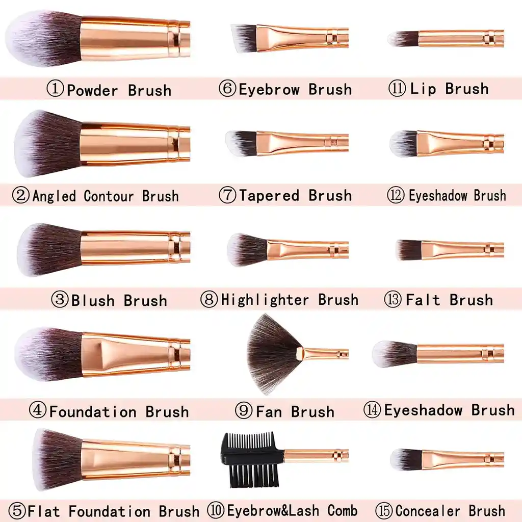 Kit De 15 Brochas De Maquillaje + 4 Esponjas