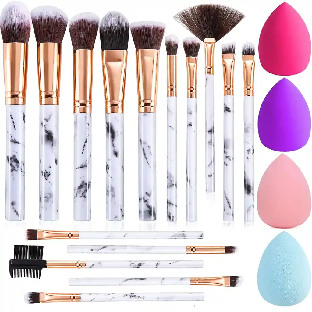Kit De 15 Brochas De Maquillaje + 4 Esponjas